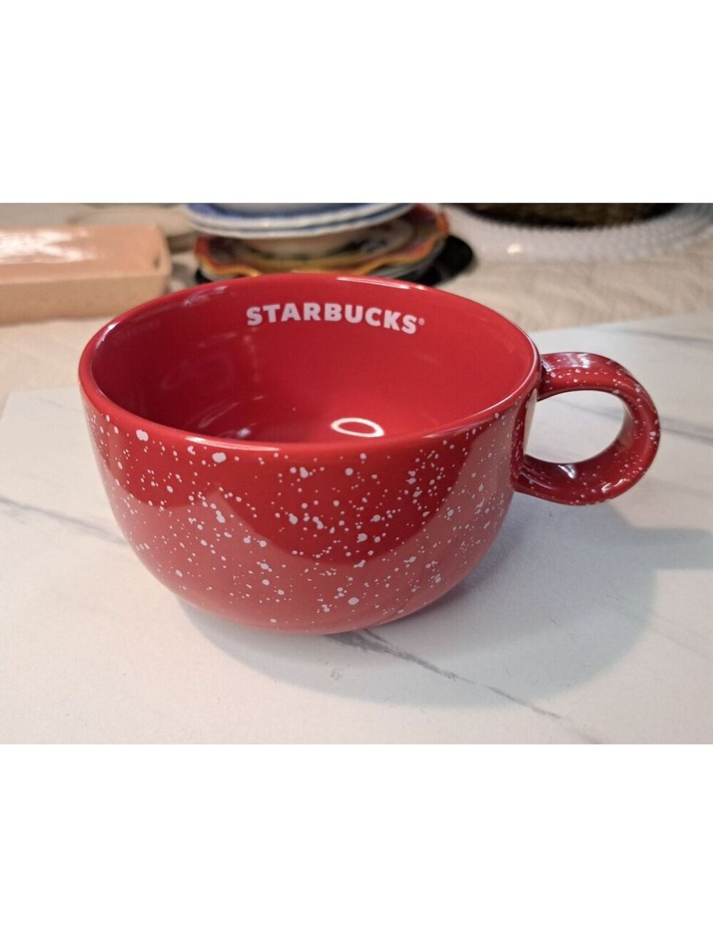 Starbucks 2019 Holiday Festive Red & White Speckled Ceramic Mug 3"x 5"